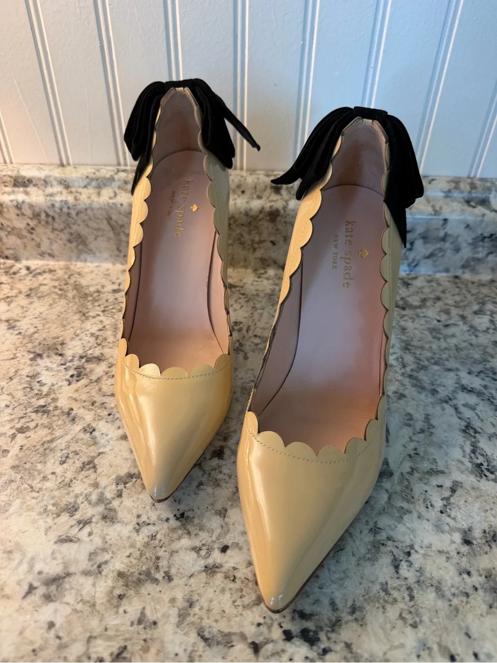 kate spade ♠️ Maxine Nude Scalloped Patent Pointed-Toe Stiletto Heels Black Bow